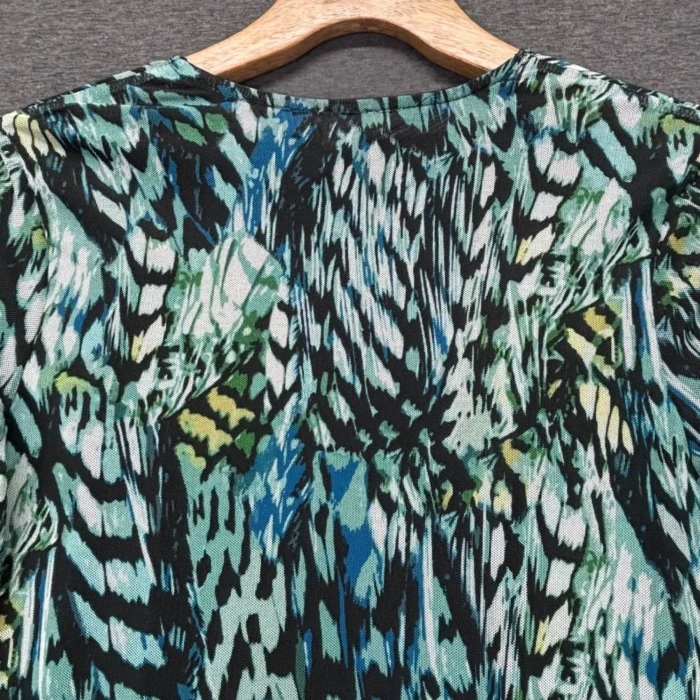 Chicos Cardigan Womens S Open Front Long Sleeve Teal Black Abstract Print Sheer